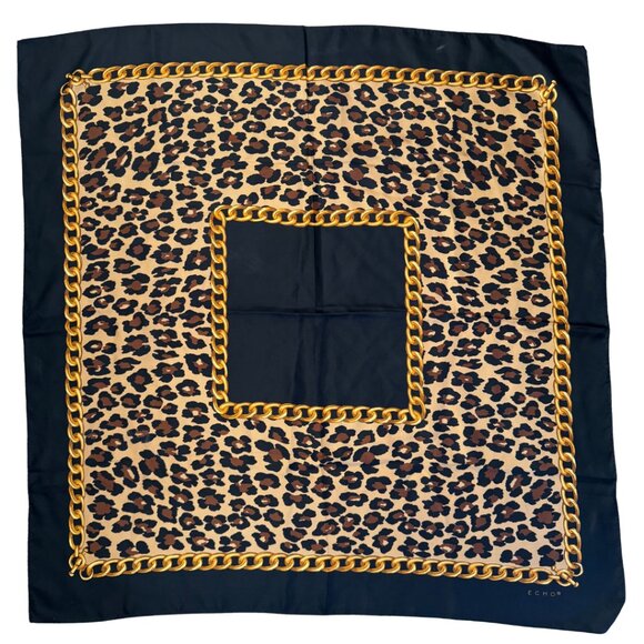 Echo Accessories - ECHO Silk Scarf Leopard Print Chain Logo Black Gold Brown Made in France Vintage